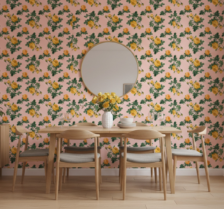 Papel de parede para sala de jantar padrão rosas amarelas - TenStickers