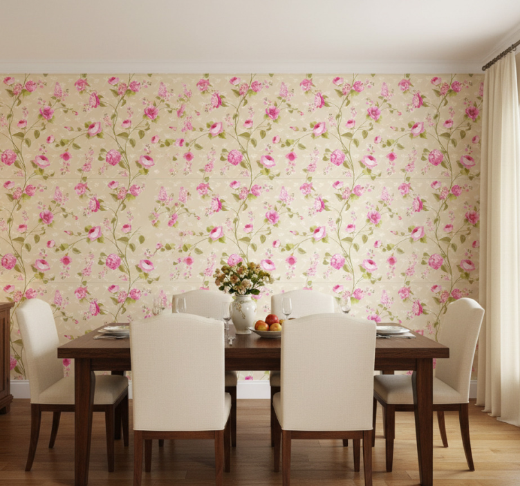 Papel de parede para sala de jantar trepadeira floral rosa - TenStickers