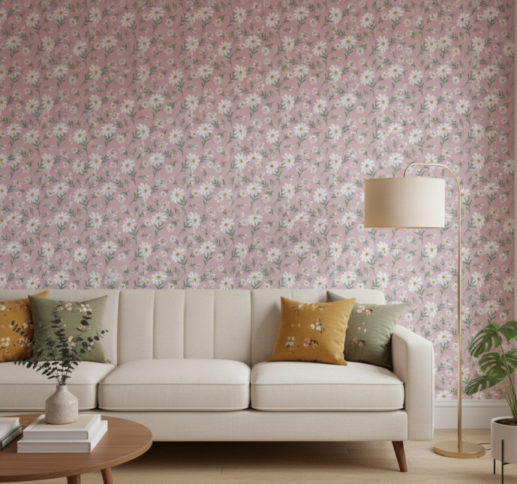 Papel de parede para sala flor de margarida rosa anos 70 - TenStickers