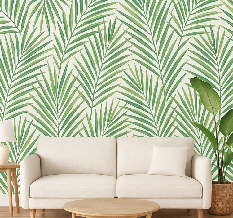 Papel de parede para sala folhas verdes finas tropicais - TenStickers