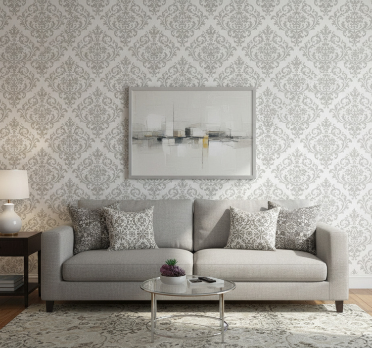 Papel de parede para sala padrão cinza barroco - TenStickers