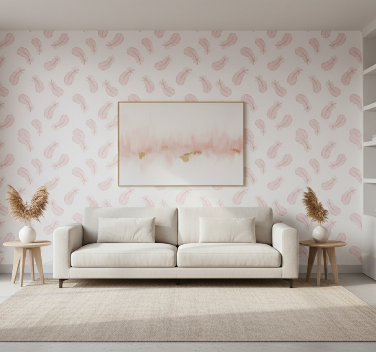 Papel de parede para sala padrão de penas rosas - TenStickers