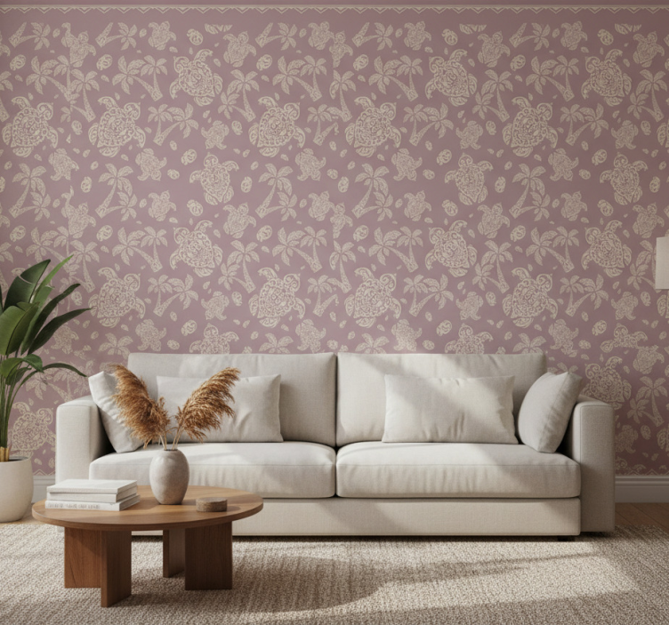 Papel de parede para sala padrão de tartaruga e palmeira - TenStickers