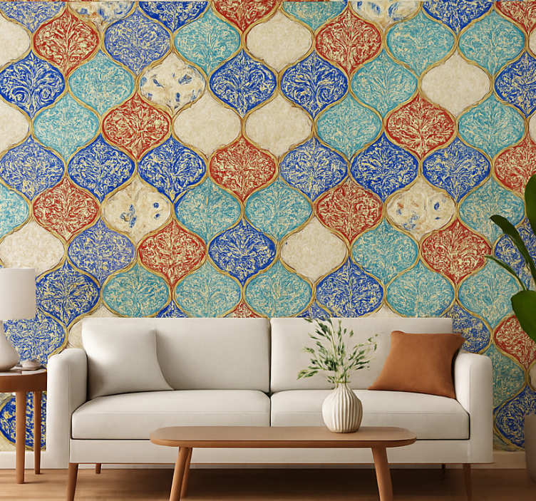 Papel de parede para sala padrão marroquino colorido - TenStickers