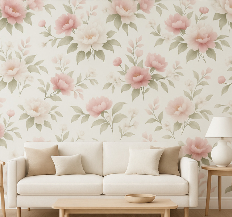 Papel de parede para sala peônia rosa branca floral - TenStickers