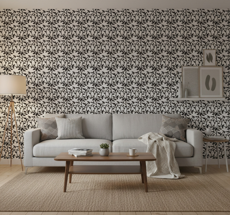 Papel de parede para sala ramos pretos e brancos - TenStickers