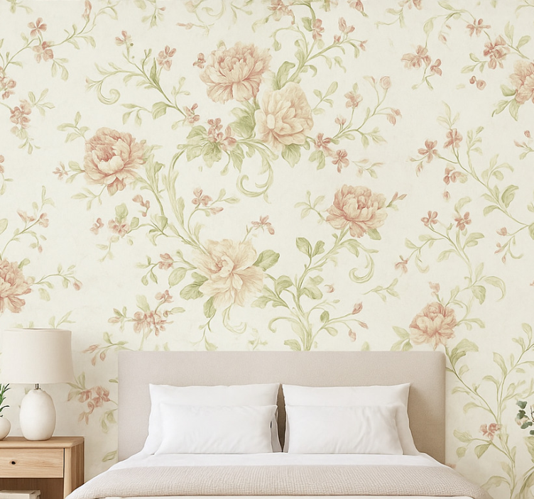 Papel de parede quarto de casal com design floral rosa - TenStickers