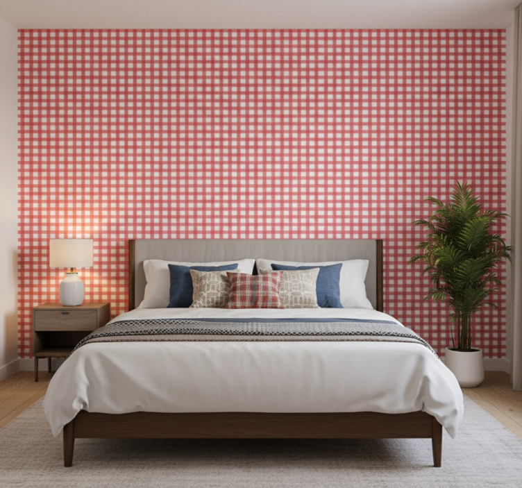 Papel de parede quarto de casal com padrão quadriculado - TenStickers