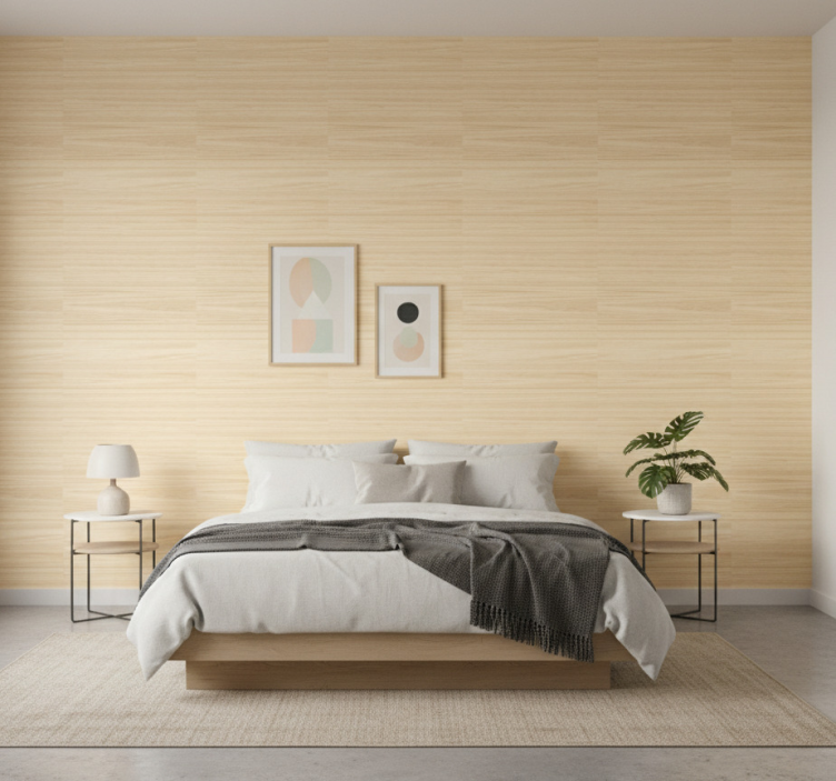 Papel de parede quarto de casal efeito madeira japandi - TenStickers