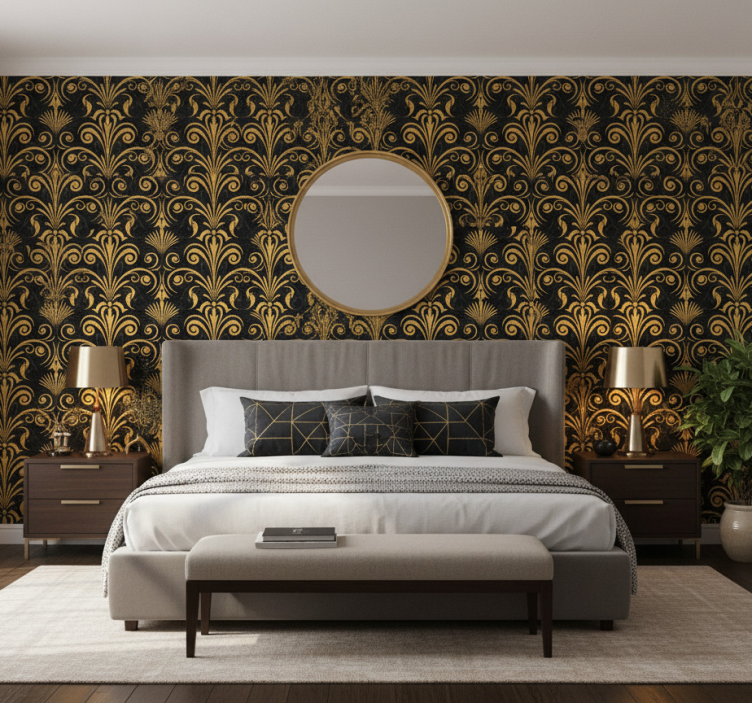 Papel de parede quarto de casal luxo preto e dourado - TenStickers