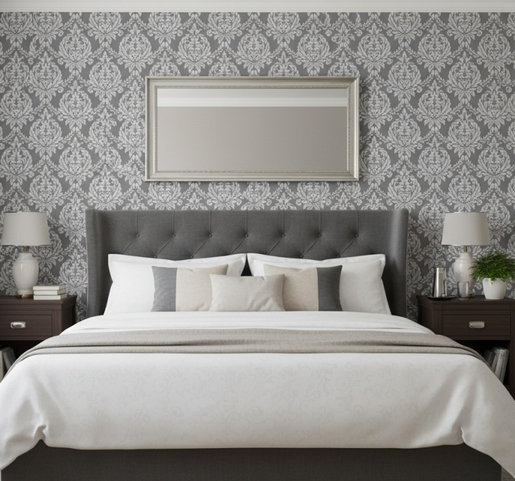 Papel de parede quarto de casal padrão damasco cinza - TenStickers