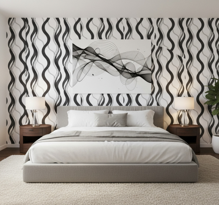 Papel de parede quarto de casal padrão ondulado preto - TenStickers