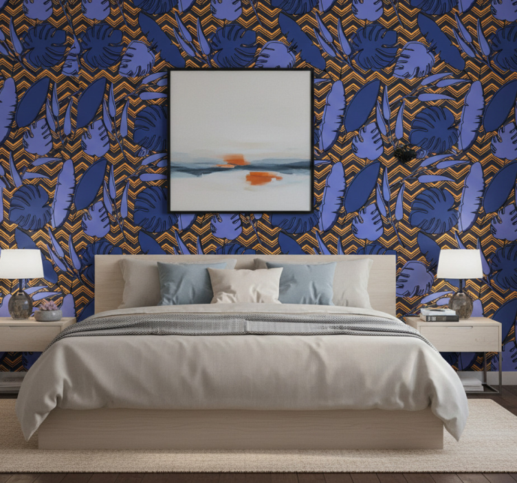 Papel de parede quarto de casal padrão zig zag azul laranja - TenStickers