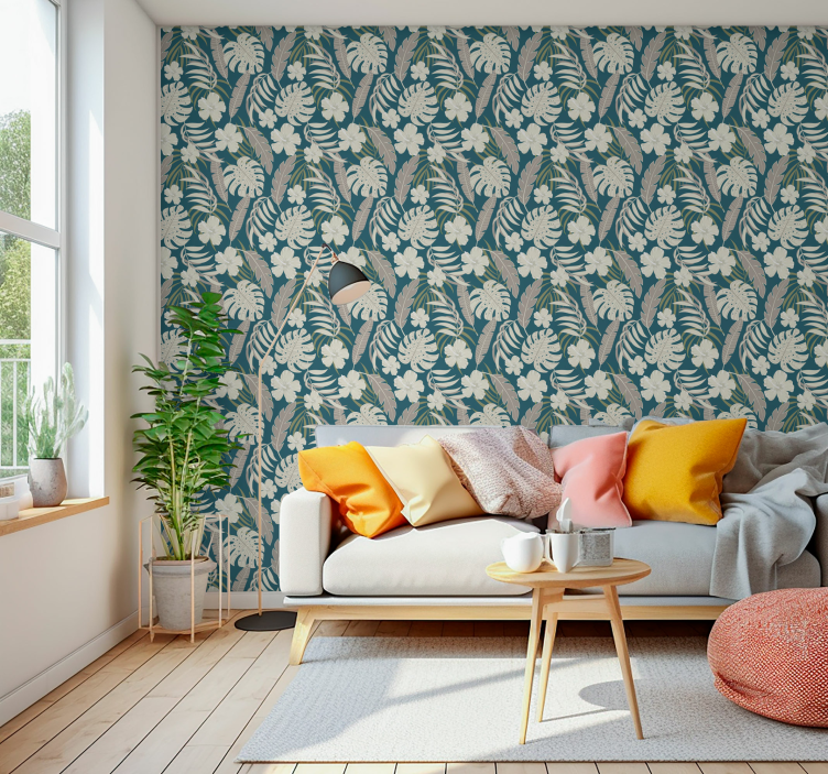 papel de parede para sala folhas tropicais - TenStickers