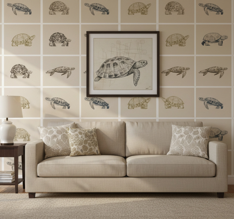Papel de parede vintage com fundo bege de tartarugas - TenStickers