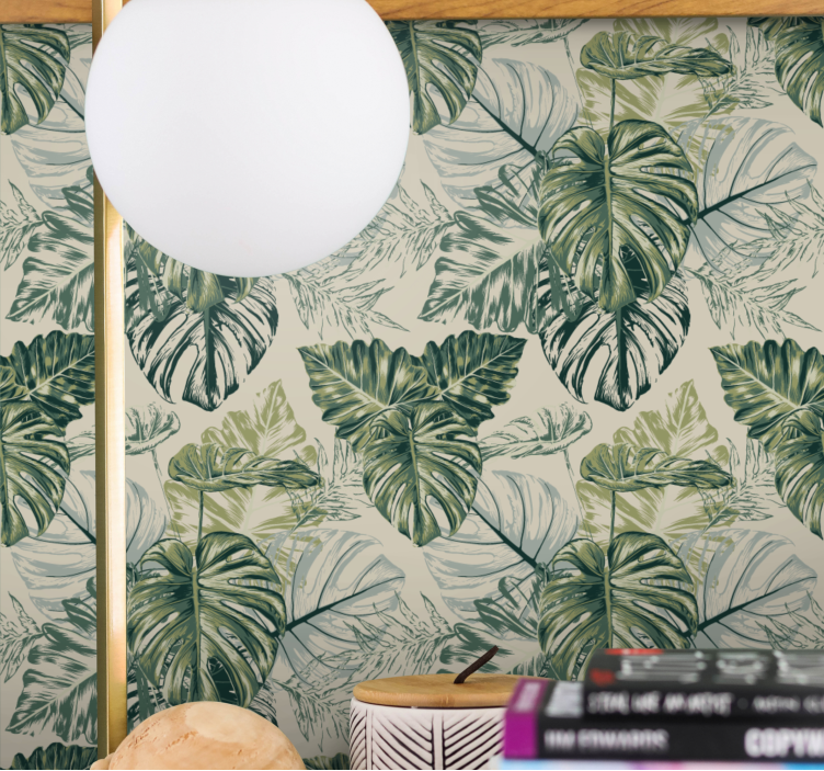 papel de parede abstracto Monstera desbotado folhas com cinza - TenStickers