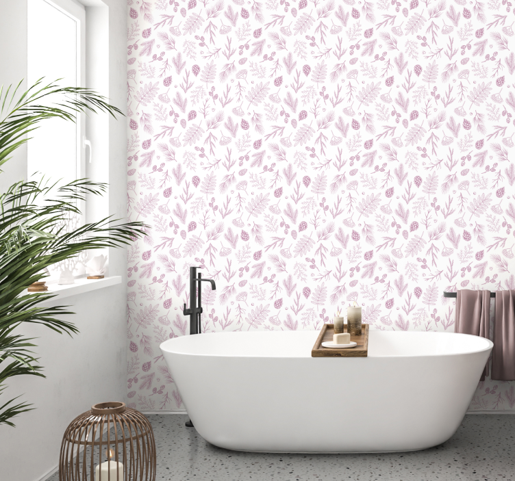 papel de parede casa de banho Fundo branco com pinho rosa - TenStickers