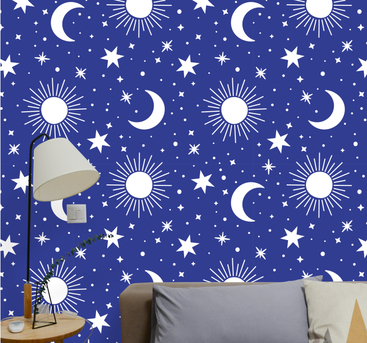 Papel de parede estrelas Estrelas brancas e luas fundo azul - TenStickers