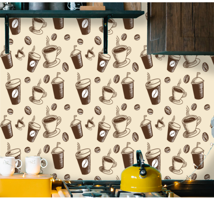papel de parede moderno ótimo padrão com canecas de grãos de café - TenStickers