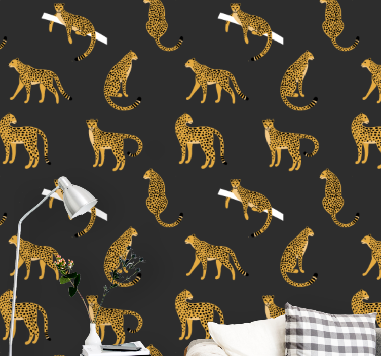 papel de parede para sala Leopardos em padrão de fundo escuro - TenStickers