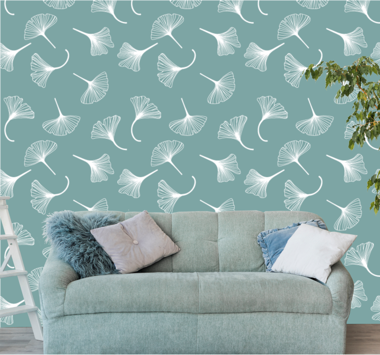 papel de parede para sala Padrão de folhas de ginko azul claro - TenStickers