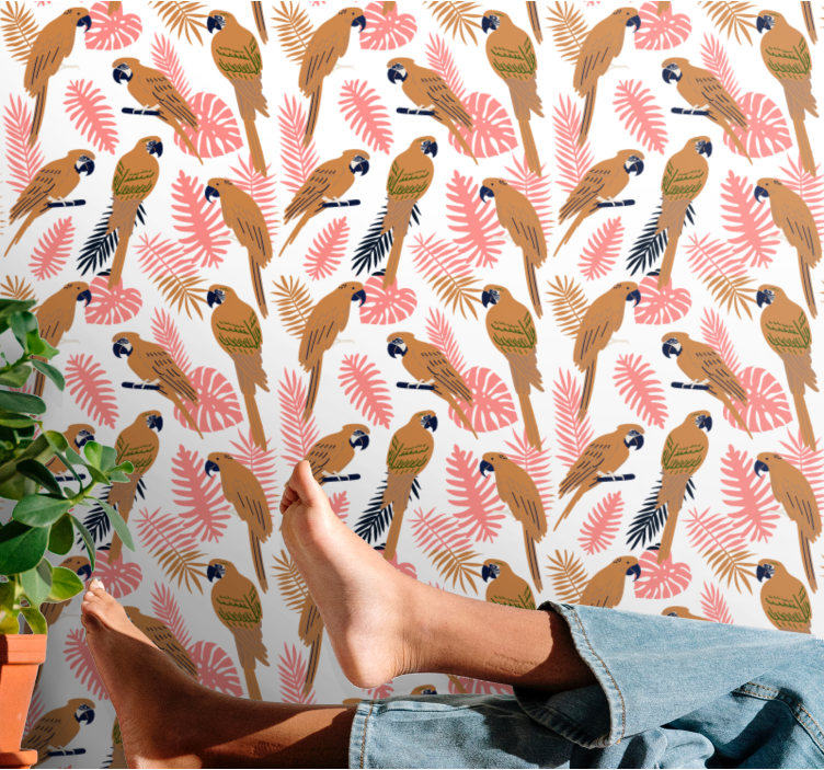 papel de parede para sala Papagaios laranja com flores rosa - TenStickers