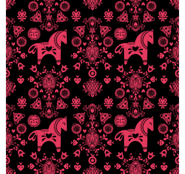 Papel de parede floral com ilustração de cavalo folclórico - TenStickers