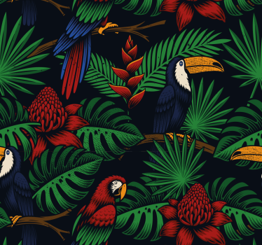 papel de parede animais Plantas e papagaios da selva escura - TenStickers
