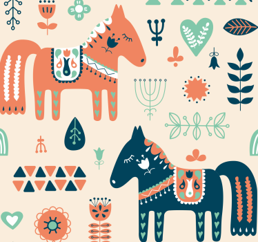 papel de parede quarto Folhas nórdicas em padrão de cavalo de fun - TenStickers