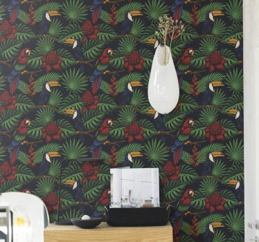 papel de parede animais Plantas e papagaios da selva escura - TenStickers