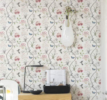 papel de parede animais Ramo de flores de pássaros e borboletas - TenStickers