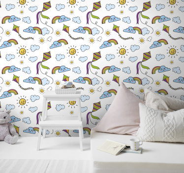 papel de parede criança Arco-íris, sol e pipa - TenStickers