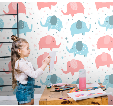 papel de parede criança Elefante rosa e azul - TenStickers