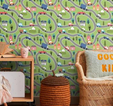 papel de parede criança Rua colorida com carros de corrida - TenStickers