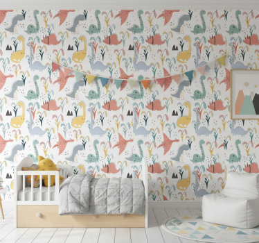 Papel de parede dinossauros padrão escandinavo colorido - TenStickers