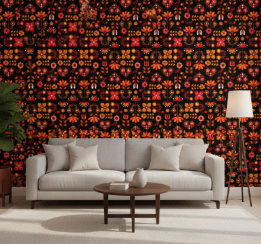 Papel de parede floral com ornamento étnico vermelho - TenStickers