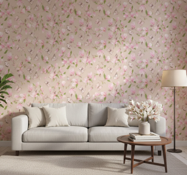 Papel de parede floral design de magnólia rosa e borboleta - TenStickers