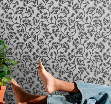 papel de parede floral padrão de galhos em fundo cinza - TenStickers