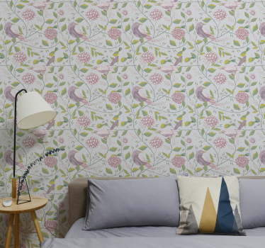 papel de parede quarto de casal arranjo floral de pássaros - TenStickers