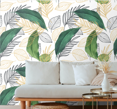 papel de parede flores Elegantes folhas verdes e douradas - TenStickers