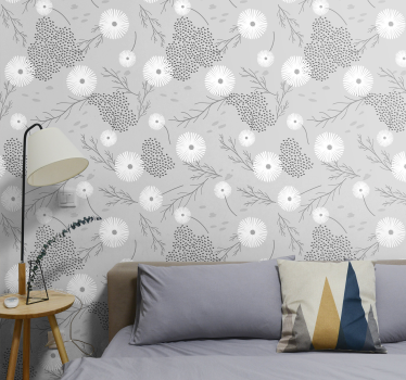 papel de parede flores Flores brancas em fundo cinza claro - TenStickers