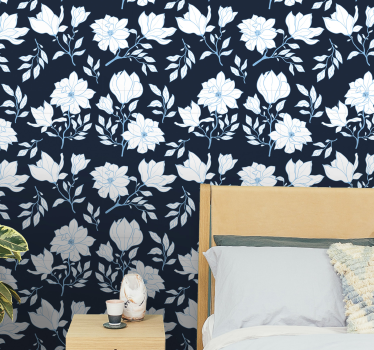 papel de parede flores Flores brancas fundo azul - TenStickers
