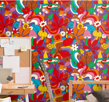 papel de parede floral padrão psicodélico colorido retrô - TenStickers