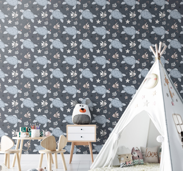 Papel de parede infantil Tartarugas e peixes no mar - TenStickers
