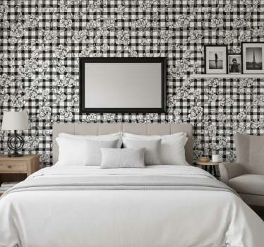 Papel de parede para quarto floral sobre xadrez - TenStickers