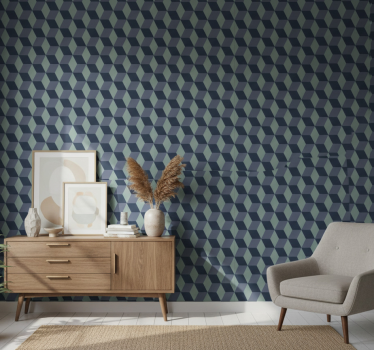 Papel de parede para quarto padrão cubo retrô em azuis - TenStickers