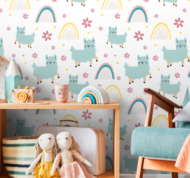 papel de parede quarto de bebé padrão de arco-íris de alpaca - TenStickers