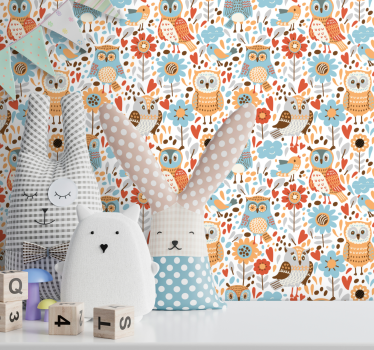 papel de parede quarto de bebé padrão floral de corujas - TenStickers