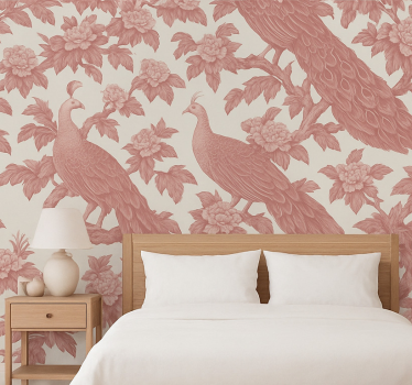 Papel de parede quarto de casal padrão de pavões rosas - TenStickers