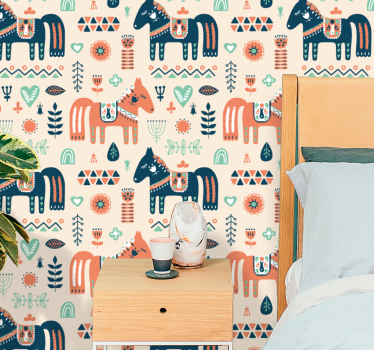 papel de parede quarto Folhas nórdicas em padrão de cavalo de fun - TenStickers